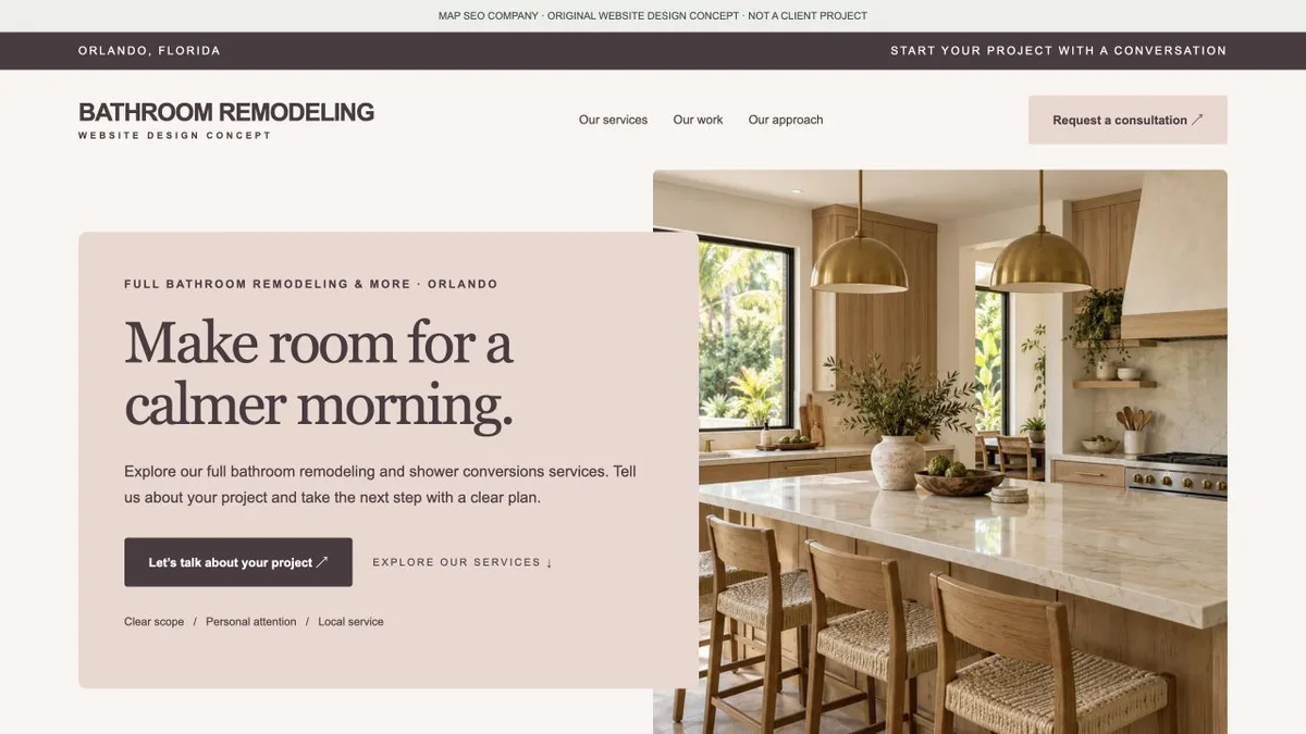 Original bathroom remodeling website design concept showing navigation, service messaging and inquiry actions