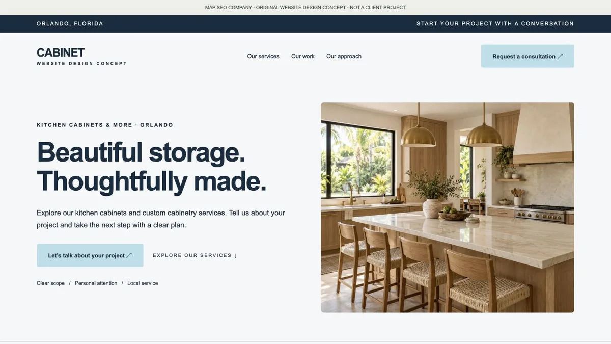 Original cabinet company website design concept showing navigation, service messaging and inquiry actions