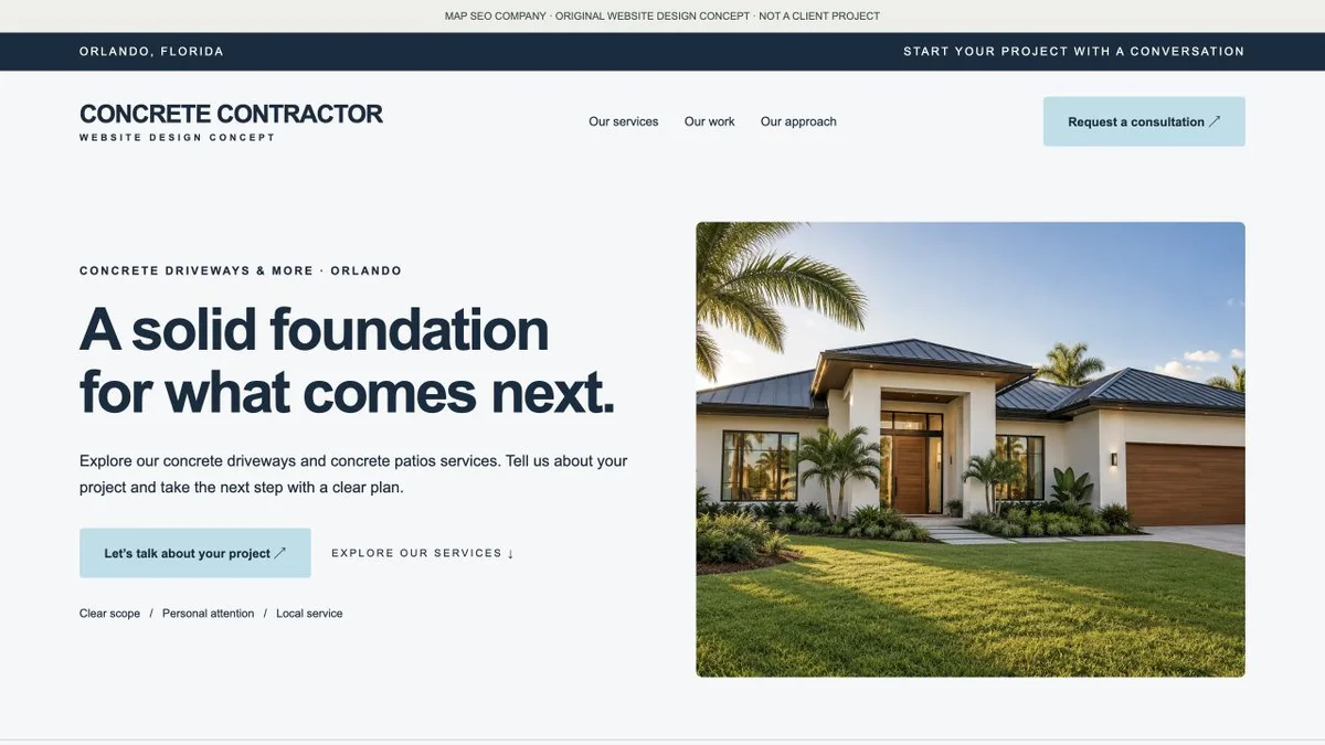 Original concrete contractor website design concept showing navigation, service messaging and inquiry actions
