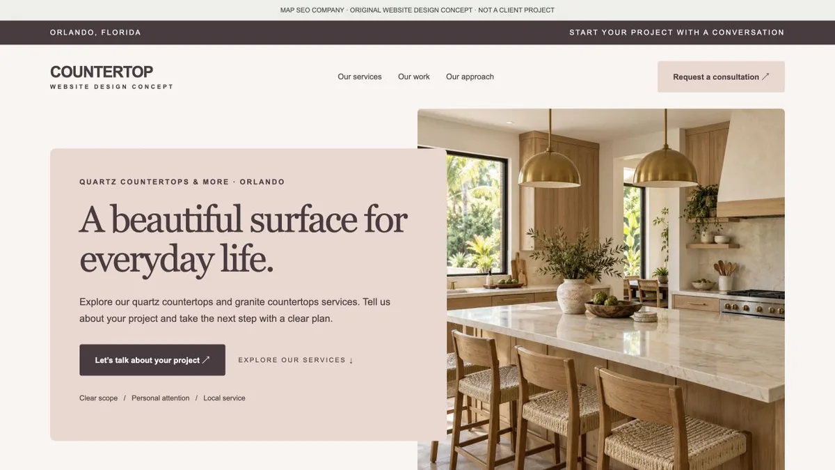 Original countertop company website design concept showing navigation, service messaging and inquiry actions