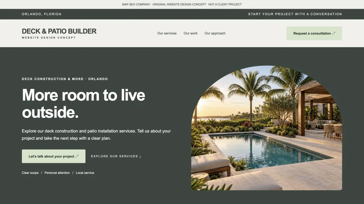 Original deck and patio website design concept showing navigation, service messaging and inquiry actions