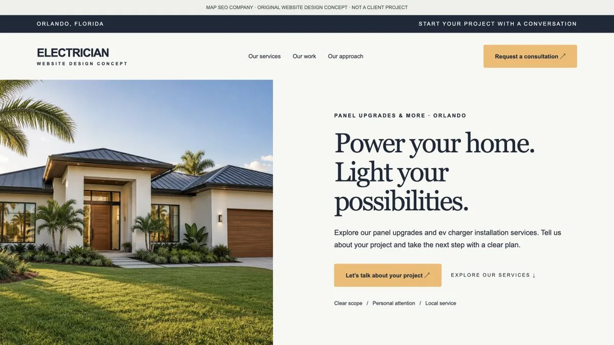 Original electrician website design concept showing navigation, service messaging and inquiry actions