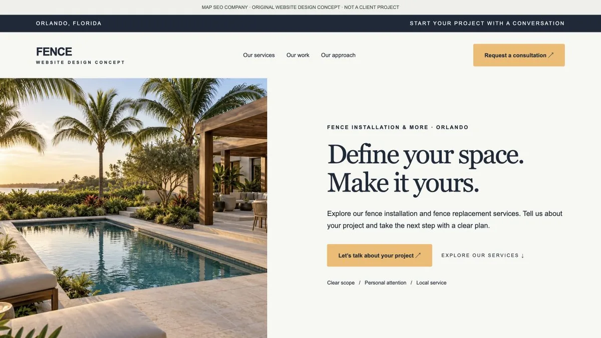 Original fence company website design concept showing navigation, service messaging and inquiry actions