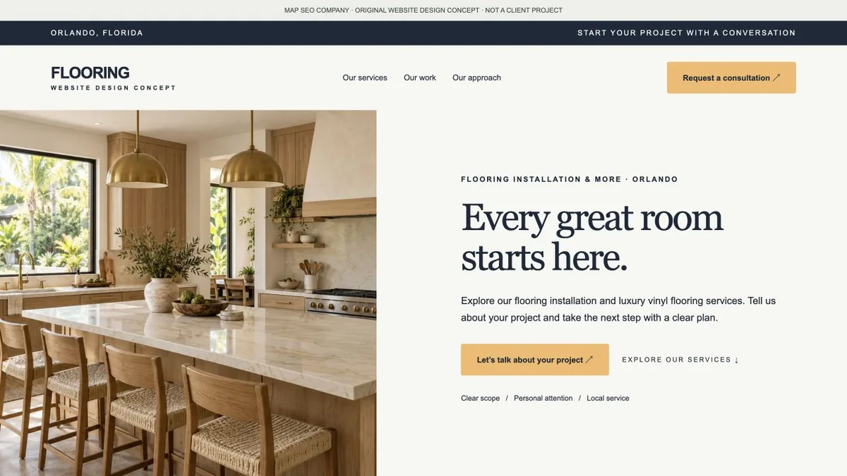 Original flooring company website design concept showing navigation, service messaging and inquiry actions
