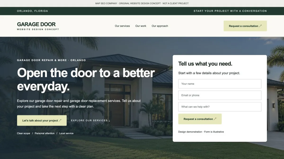 Original garage door website design concept showing navigation, service messaging and inquiry actions