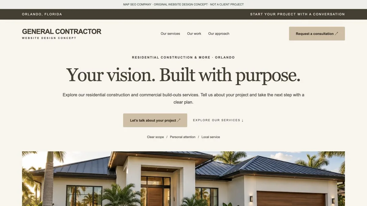 Original general contractor website design concept showing navigation, service messaging and inquiry actions