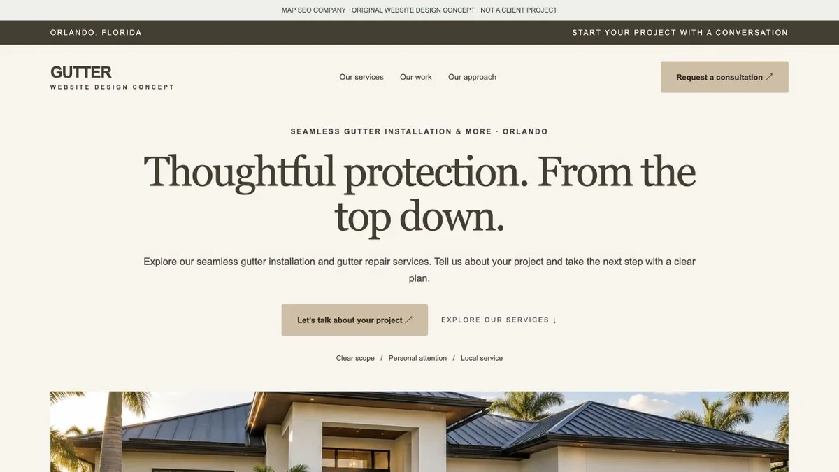 Original gutter company website design concept showing navigation, service messaging and inquiry actions