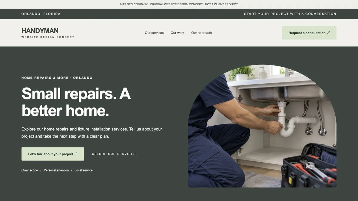 Original handyman website design concept showing navigation, service messaging and inquiry actions