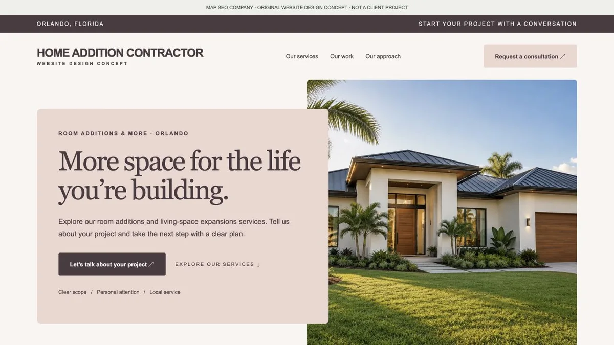Original home addition website design concept showing navigation, service messaging and inquiry actions