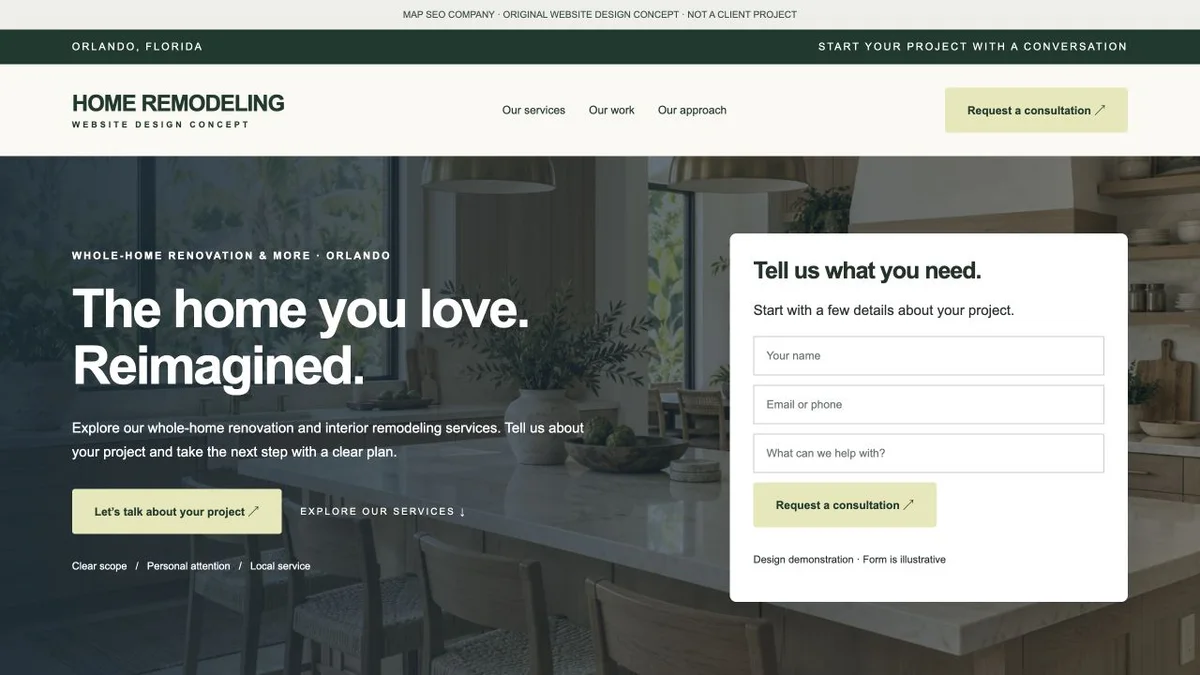 Original home remodeling website design concept showing navigation, service messaging and inquiry actions