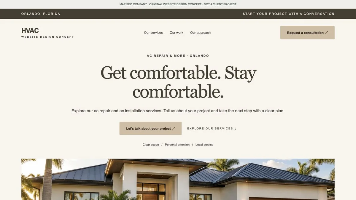 Original HVAC website design concept showing navigation, service messaging and inquiry actions