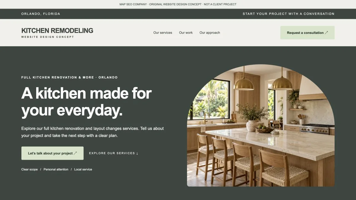 Original kitchen remodeling website design concept showing navigation, service messaging and inquiry actions