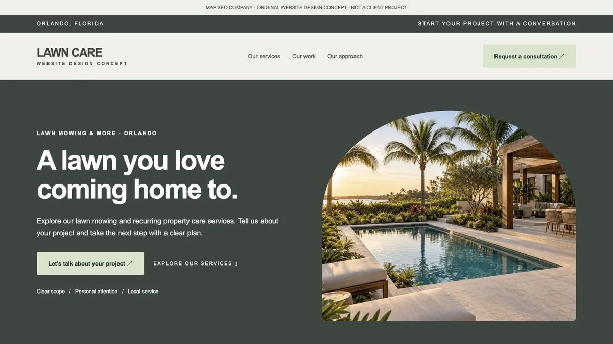 Original lawn care website design concept showing navigation, service messaging and inquiry actions