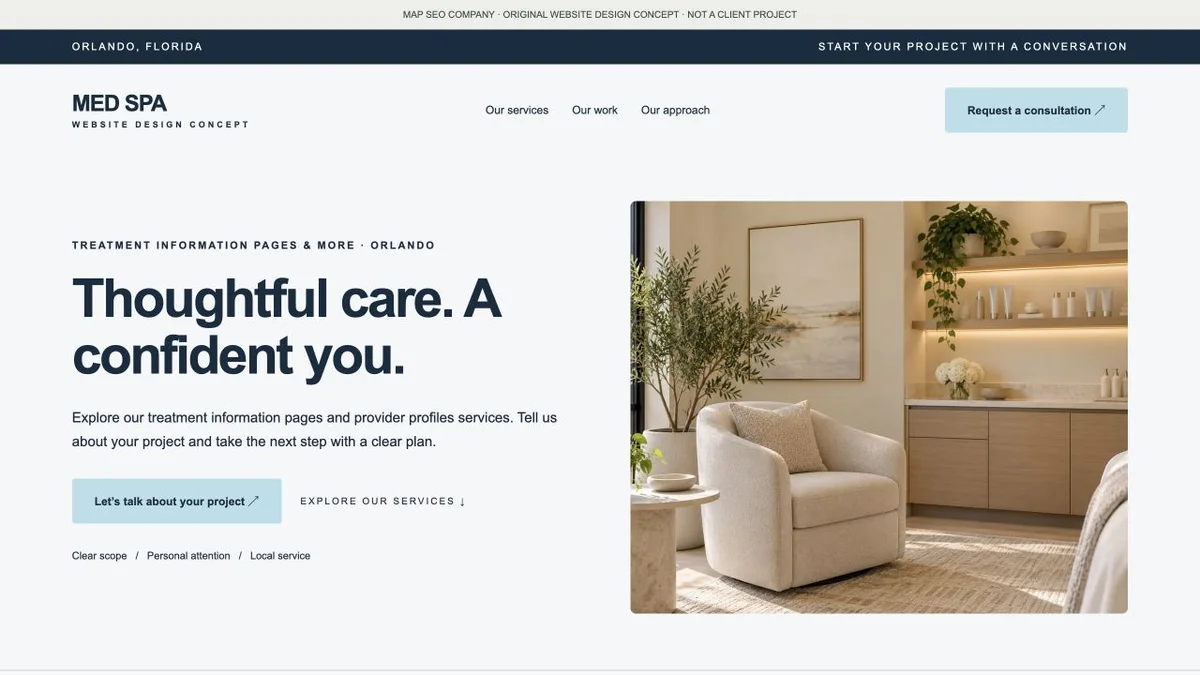 Original med spa website design concept showing navigation, service messaging and inquiry actions