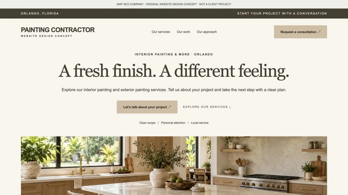Original painting contractor website design concept showing navigation, service messaging and inquiry actions