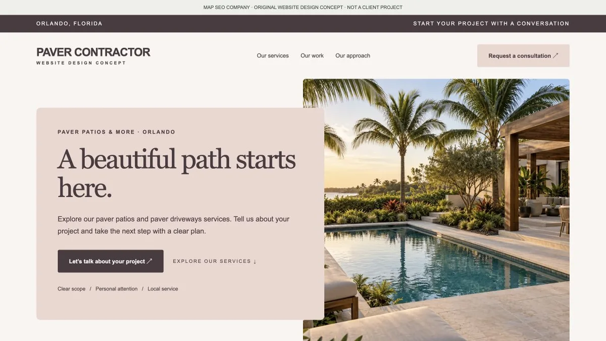 Original paver contractor website design concept showing navigation, service messaging and inquiry actions