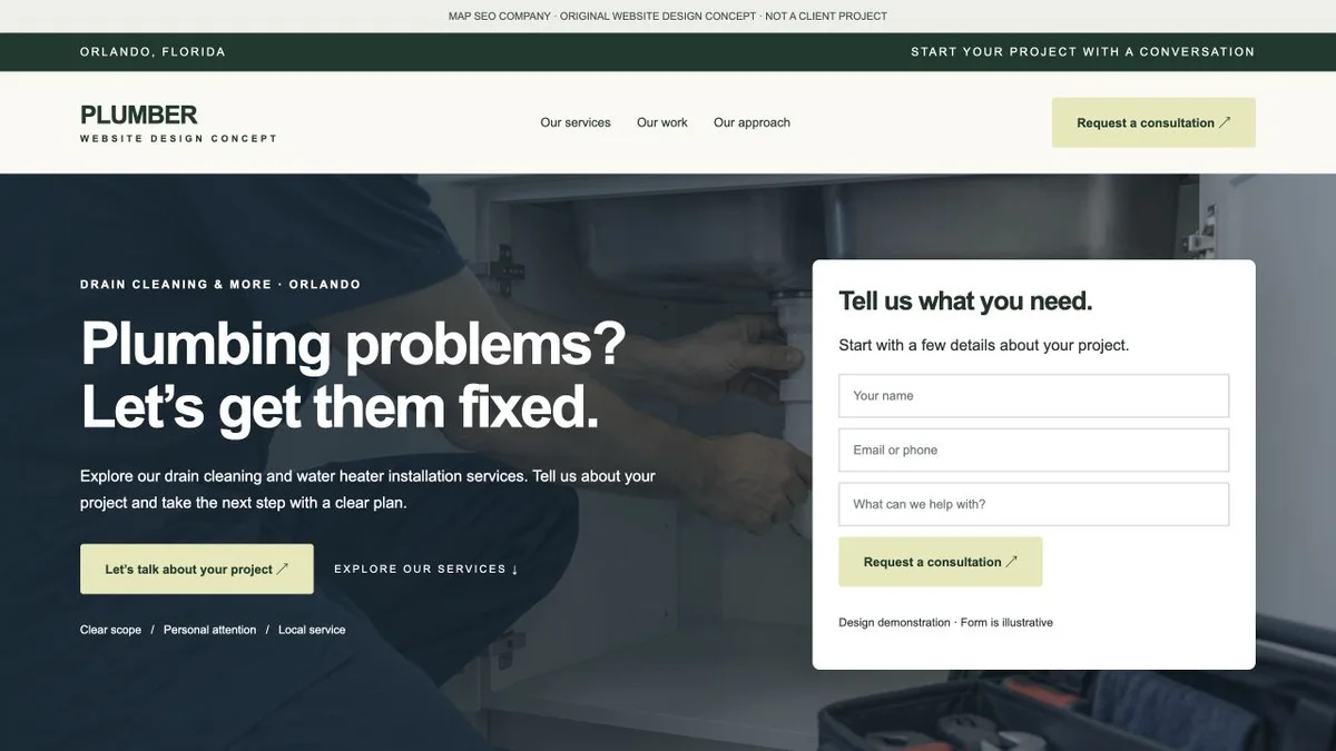 Original plumber website design concept showing navigation, service messaging and inquiry actions