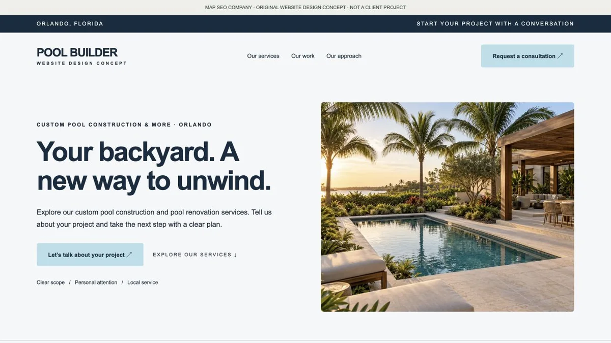 Original pool builder website design concept showing navigation, service messaging and inquiry actions