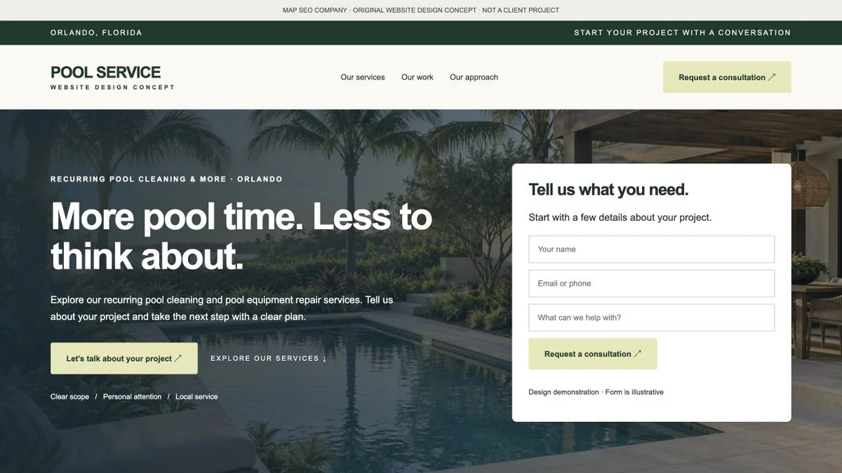 Original pool service website design concept showing navigation, service messaging and inquiry actions
