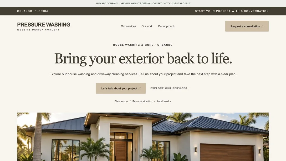 Original pressure washing website design concept showing navigation, service messaging and inquiry actions