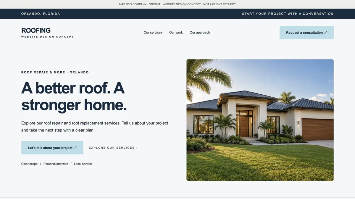 Original roofing website design concept showing navigation, service messaging and inquiry actions