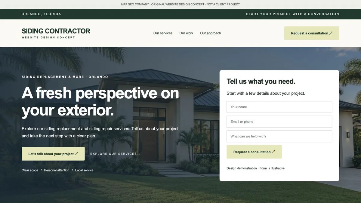 Original siding contractor website design concept showing navigation, service messaging and inquiry actions