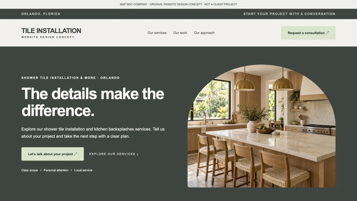 Original tile installation website design concept showing navigation, service messaging and inquiry actions