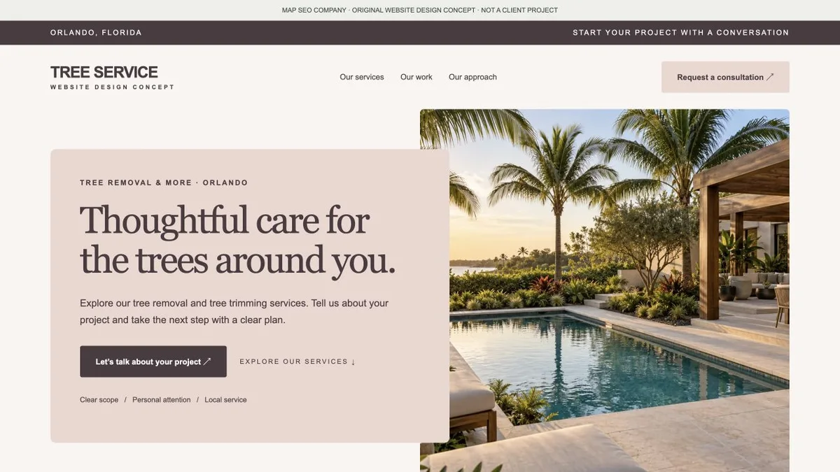 Original tree service website design concept showing navigation, service messaging and inquiry actions