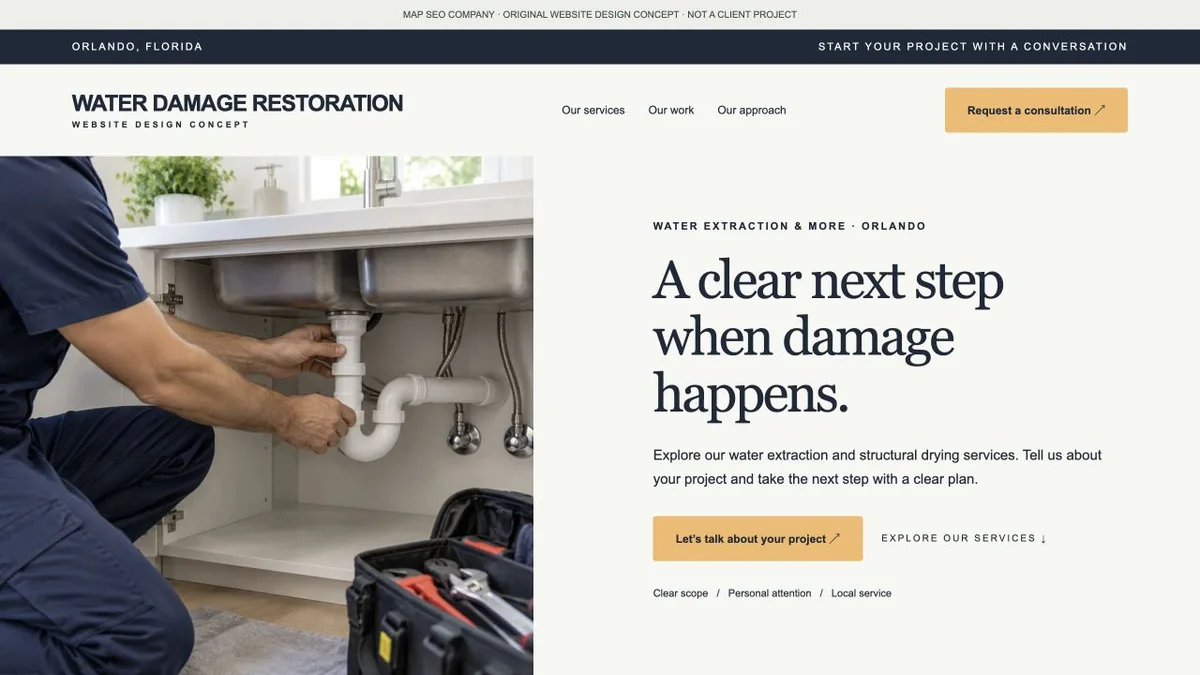 Original water damage restoration website design concept showing navigation, service messaging and inquiry actions