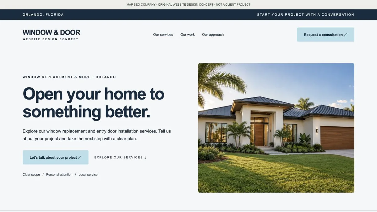 Original window and door website design concept showing navigation, service messaging and inquiry actions