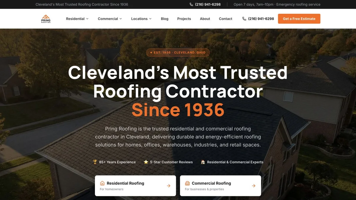Screenshot of the Pring Roofing website