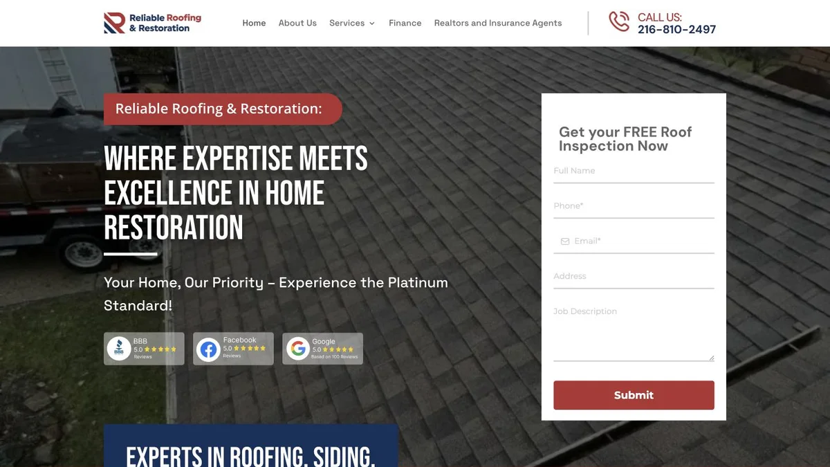 Screenshot of the Reliable Roofing & Restoration website