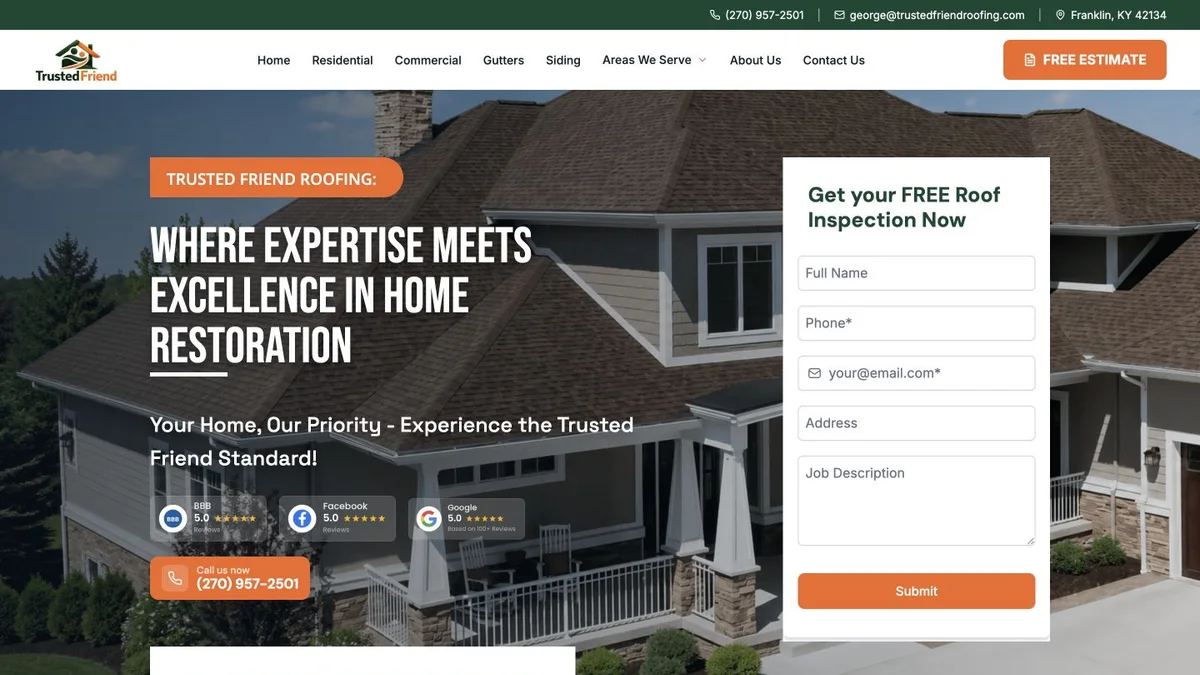 Screenshot of the Trusted Friend Roofing website